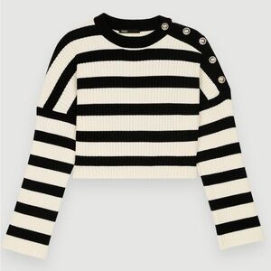 Maje Black and White Striped Crew Neck Sweater